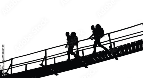 Backpackers crossing wooden bridge people walking