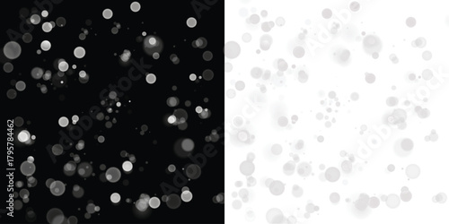 Black and white bokeh overlay with soft circular light spots creating a dreamy atmosphere, ideal for design projects and enhancing visual storytelling with copy space