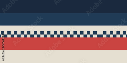 Flat design with dark blue and light blue bands and a checkered stripe with a red band below it