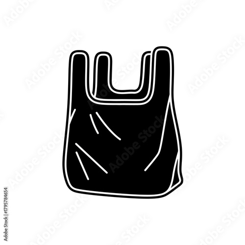 A black silhouette icon of a singleuse plastic shopping bag with handles, depicted with a simple outline and subtle folds, representing concepts of consumerism, waste, and environmental issues
