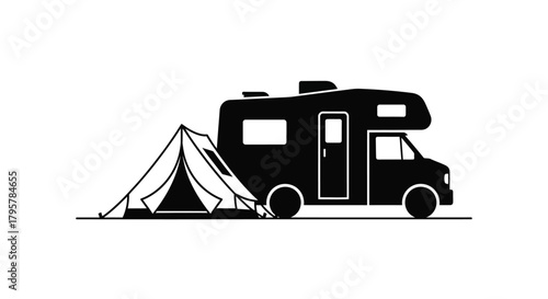 Black camper van and tent silhouette camping travel