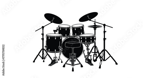 Black drum set with cymbals and stool drums percussion
