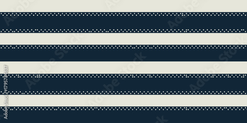 Horizontal navy and cream stripes with small white dots along the navy stripe edges pattern design