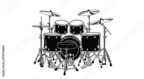 Black drum kit with cymbals and stool drums percussion