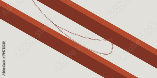 A minimalist illustration of two parallel brown bars with a curved stitched line between them