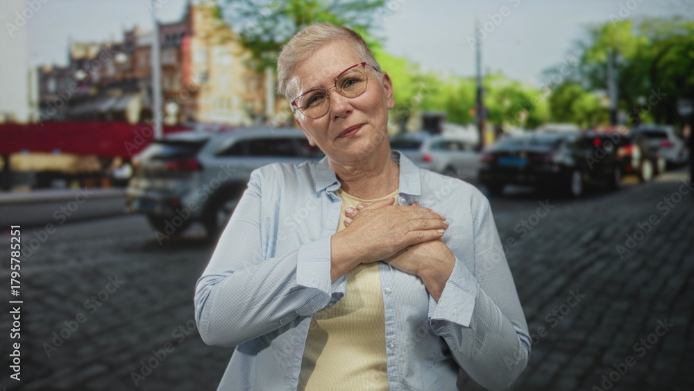 Fototapeta premium Woman clutch chest on a cobblestone street with strained face suggesting heartattack; anxiety health awareness.
