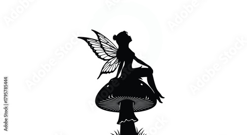 Black silhouette fairy perched on mushroom wings sitting