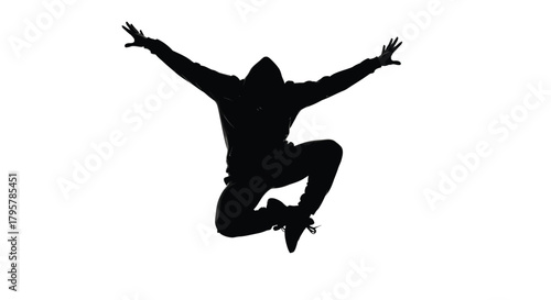 Black silhouette dancer mid jump jumping motion
