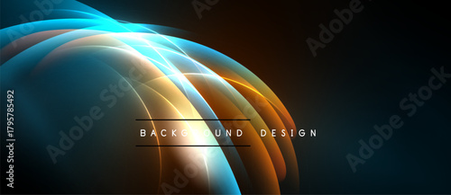 Abstract design features vibrant curves, glowing lines. Dark background emphasizes bright orange, blue hues. Modern aesthetic, dynamic composition.