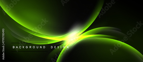 Abstract green waves, bright light center. Modern design, dark background creates dynamic visual effect. Smooth curves, elegant presentation.