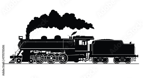 Black steam engine train billowing smoke locomotive
