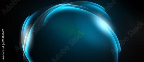 Abstract blue shapes suggest flowing energy, light radiating from center. Dark background emphasizes luminous curves, creating dynamic visual effect.