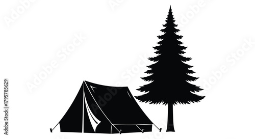Black tent beside tall pine tree camping