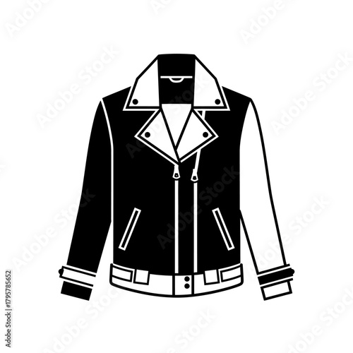 A black and white illustration of a classic biker jacket, featuring a lapel collar, zippers, and belt detail, presented as a clean graphic icon
