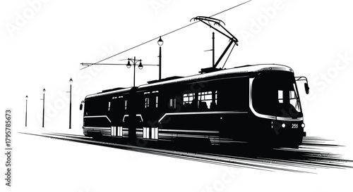 Black tram on tracks with streetlights vehicle transportation