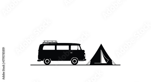 Camper van and tent silhouette black white
