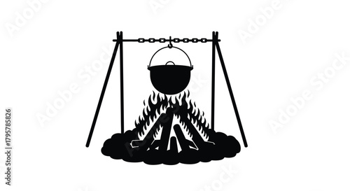 Campfire cooking pot hanging over flames vector