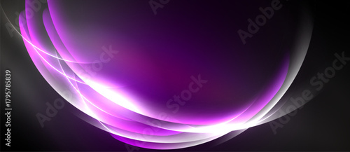 Abstract purple waves, glowing lines. Smooth gradients create dynamic, modern visual effect. Dark background emphasizes bright curves.