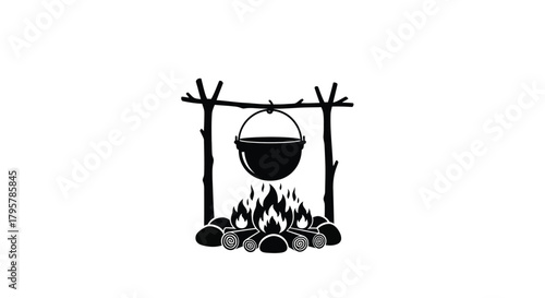 Campfire cooking pot hanging over flames cauldron