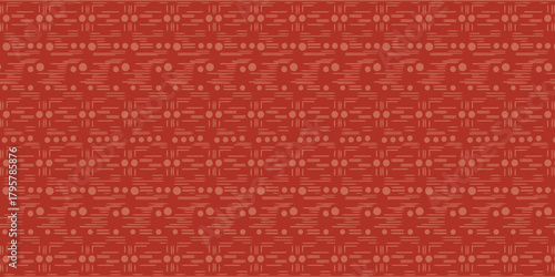 A repetitive pattern of red circles and lines on a red background creating a textured appearance