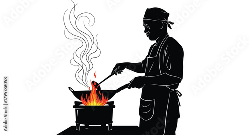 Chef cooking stir fry fire flames