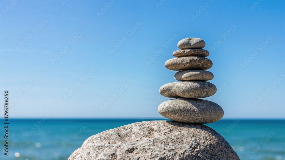 Fototapeta premium Stacked stones on a large rock by the sea with a clear blue sky. Balance and serenity, nature, and meditation.