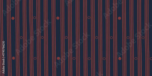 A pattern of dark blue stripes with red lines and circles arranged in a repeating vertical design