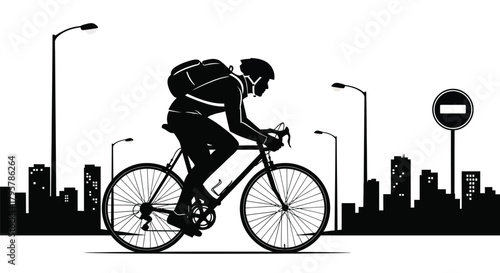 Cyclist with backpack on city street bicycle helmet