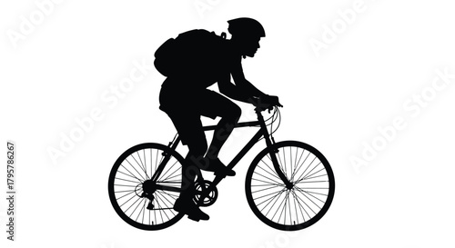 Cyclist with backpack on bicycle helmet riding