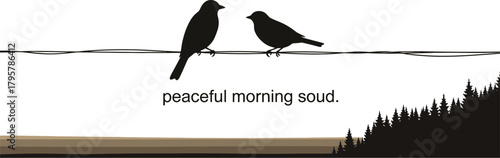Two birds perched on a wire against a peaceful morning landscape silhouette