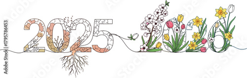 Transition from barren to blooming years 2025 to 2026 with floral growth concept