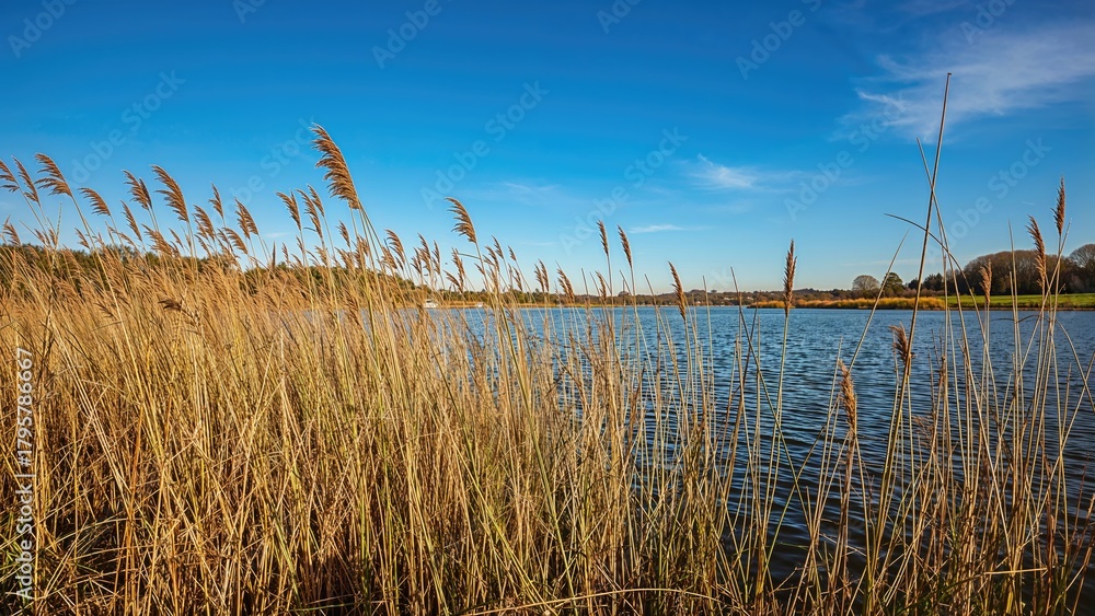 Obraz premium Brown reeds along the water's edge in a natural landscape under a blue sky.