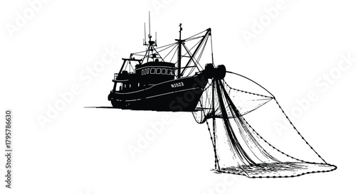 Fishing vessel deploying net boat ocean