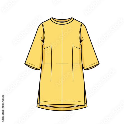 Yellow shortsleeved tshirt dress with seam details, flat fashion illustration