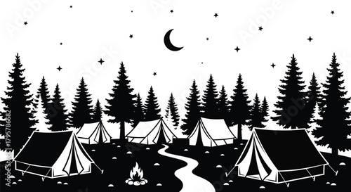 Forest camping night scene tents trees