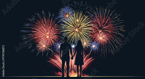 Silhouette of couple holding hands watching colorful fireworks at night sky