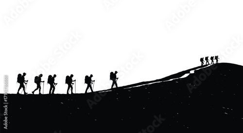 Hikers ascend mountain path trekking climbing