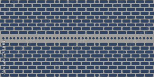 A repeating pattern of blue brick shapes with a line of circles in the middle on gray background