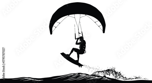 Kite surfer airborne over ocean waves vector