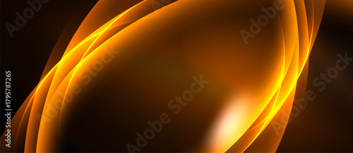 Abstract orange curves dominate dark background. Smooth gradients create dynamic visual flow, suggesting energy, warmth.