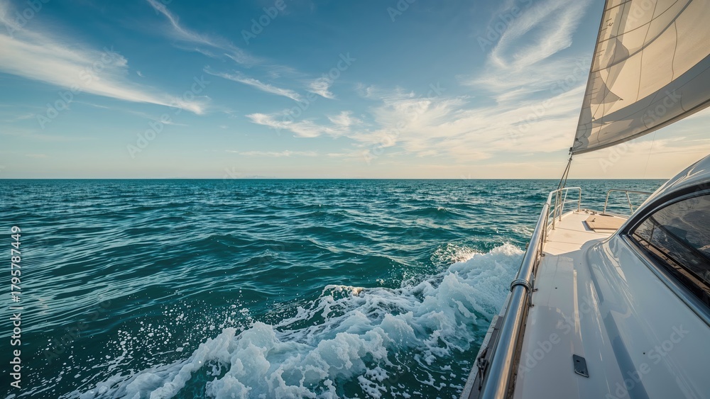 Obraz premium A boat moving across the ocean with waves and blue sky.