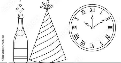 New year's eve celebration with champagne bottle party hat and clock striking midnight