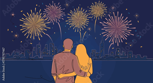 Couple watching fireworks over city skyline celebrating new year or independence