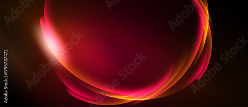 Abstract design features flowing curves, vibrant reds, oranges. Soft glow creates dynamic visual impact against dark background.