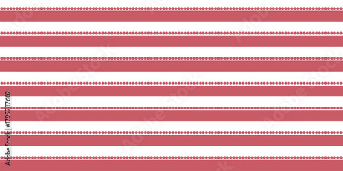 Horizontal pattern with alternating white and pink stripes and rows of small pink circles placed on stripes