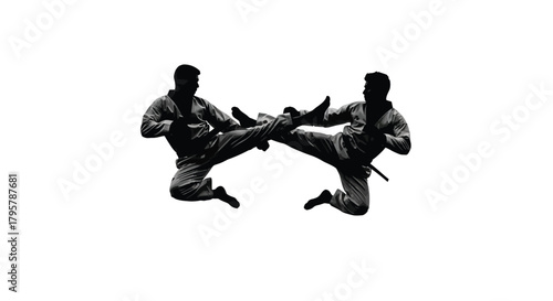 Martial artists performing flying kicks arts combat