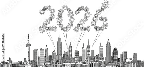 Fireworks spell out 2026 over a detailed black and white cityscape skyline view