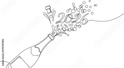 Champagne bottle popping with 2026 new year celebration in continuous line art