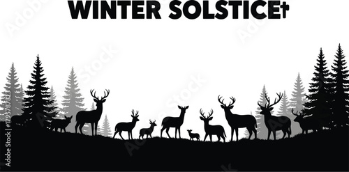 Silhouette of deer herd with full moon behind trees for winter solstice