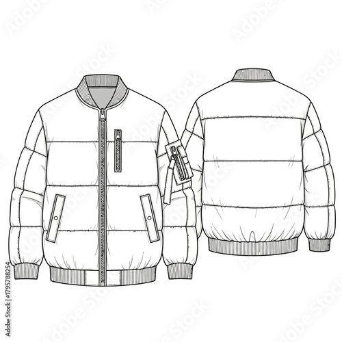 Front and back view of a white puffer jacket with zipper pockets and ribbed cuffs and collar